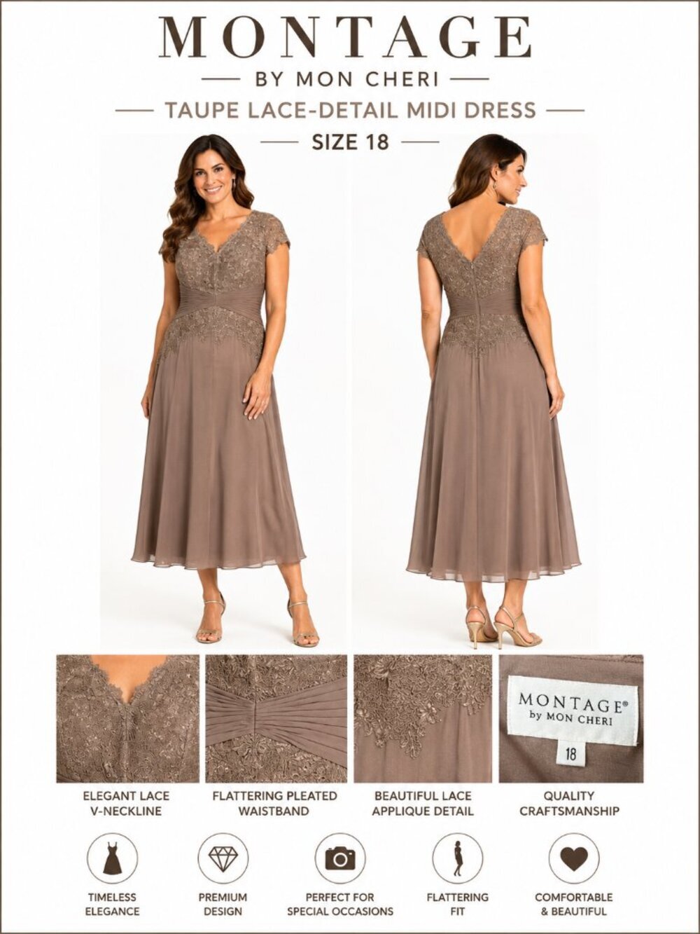 MON CHERI TAUPE LACE MIDI DRESS SZ 18